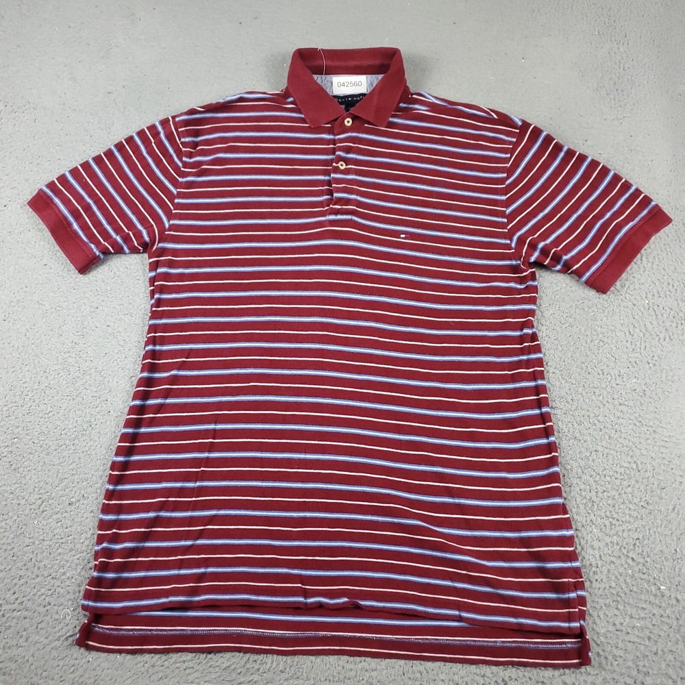 Tommy Hilfiger Mens Large Polo Shirt Red Blue Striped Short Sleeve Cotton Pique - Picture 2 of 6